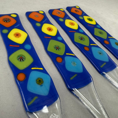 Fused Glass Plant Stake Totem - Bright Blue Flowers