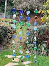 "Shimmering Glass Jewels" Hanging Glass Cullet Garden Sculpture -Glass Garland – Handmade Outdoor Hanging Decor (PNW Made)