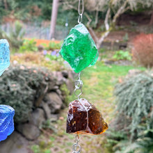 "Shimmering Glass Jewels" Hanging Glass Cullet Garden Sculpture -Glass Garland – Handmade Outdoor Hanging Decor (PNW Made)