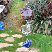"Shimmering Glass Jewels" Hanging Glass Cullet Garden Sculpture -Glass Garland – Handmade Outdoor Hanging Decor (PNW Made)