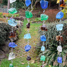 "Shimmering Glass Jewels" Hanging Glass Cullet Garden Sculpture -Glass Garland – Handmade Outdoor Hanging Decor (PNW Made)