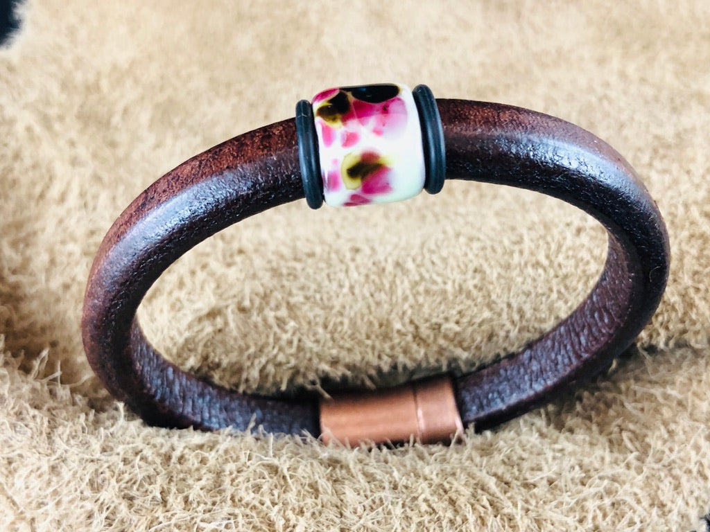 Distressed Brown Leather Bracelet with Plumb Ceramic Slider