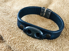 Black Flat Leather Bracelet with Double Hole Black Stone Focal Piece