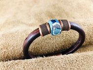 Distressed Brown Leather Bracelet with Lilac Blue/Green/Gray Ceramic Slider