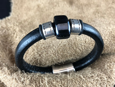 Black Leather Bracelet with Iridescent Ceramic Bead Slider