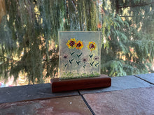 Fused Glass Art/Sun Catcher Mounted on Hickory Wood Stand - "Flower Garden"