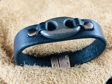Black Flat Leather Bracelet with Double Hole Black Stone Focal Piece
