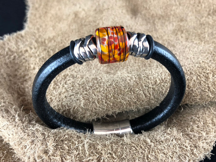 Black Leather Bracelet with Sunset Glass Bead Slider