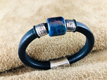 Black Leather Bracelet with Deep Blue/Green Ceramic Bead Slider