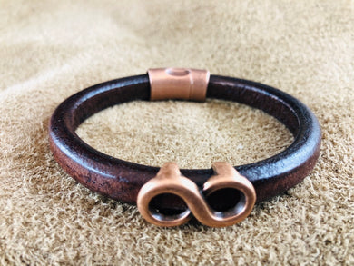 Distressed Brown Leather Bracelet with Antique Copper Infinity Slider