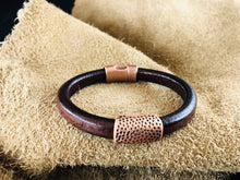 Distressed Brown Leather Bracelet with Hammered Dots in Copper Slider