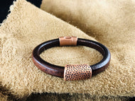 Distressed Brown Leather Bracelet with Hammered Dots in Copper Slider