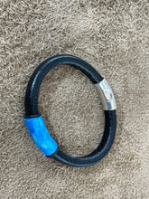 Black Leather Bracelet with Light Blue "Hawaiian Lagoon" Multi-Color Ink on Metal Slider