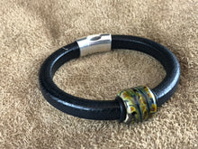 Black Leather Bracelet with Multi-Color Glass Bead Slider