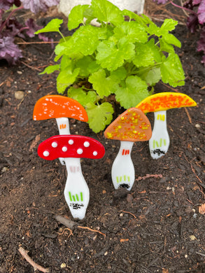 Small Colorful Mushroom Plant Stake Set - 4 Pieces - Fused Glass Garden Art