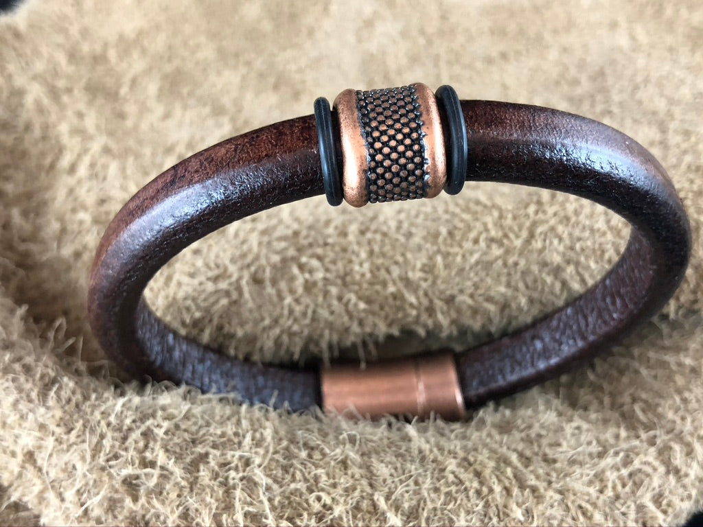 Distressed Brown Leather Bracelet with Large Dotted Copper Slider
