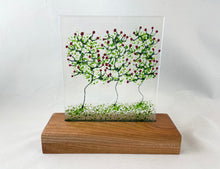 Fused Glass Art/Sun Catcher Mounted on Cherry Wood Stand - "Rose Bushes"