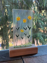 Fused Glass Art/Sun Catcher Mounted on Maple Wood Stand - "Zinnia Flower Patch"
