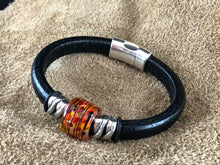 Black Leather Bracelet with Sunset Glass Bead Slider