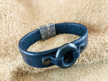 Black Flat Leather Bracelet with Single Hole Black Stone Focal Piece