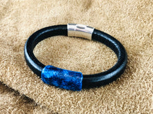 Black Leather Bracelet with "Deep Blue Cave" Multi-Color Ink on Metal Slider
